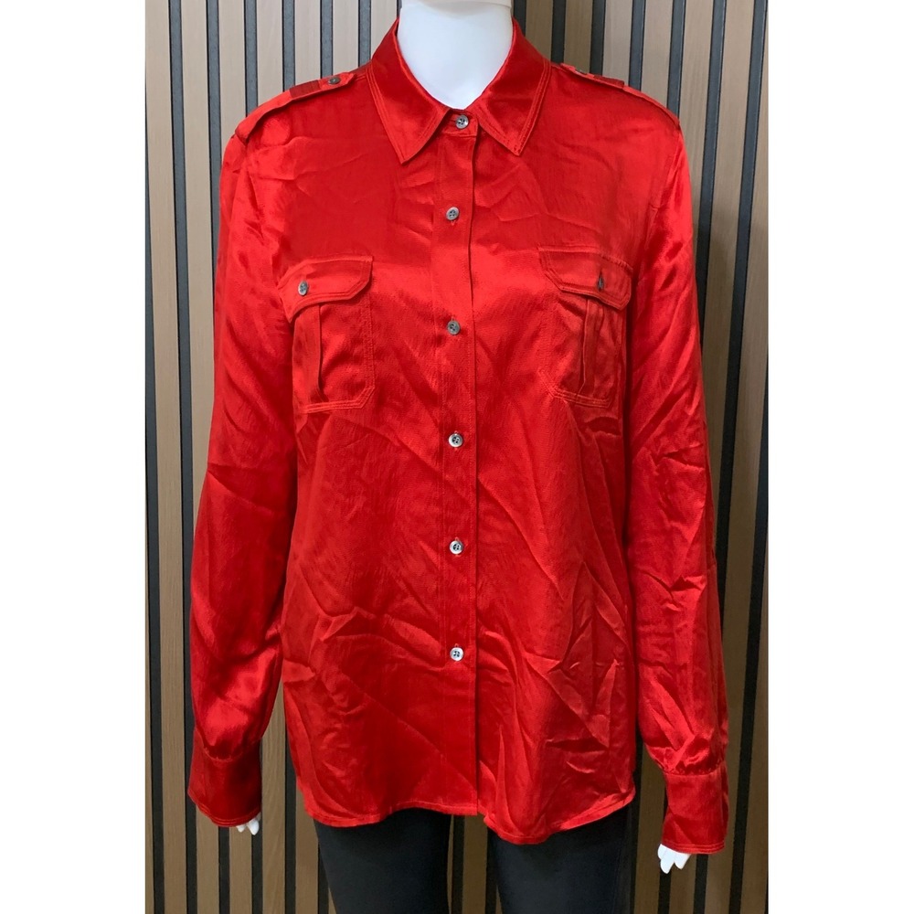 Talbots Women's Red Satin Button Down Shirt Military Epaulettes Pockets Size 14